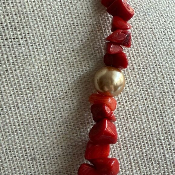 Red Coral & Pearl Pendant Necklace with Silver Tone Toggle Clasp. - Picture 7 of 8